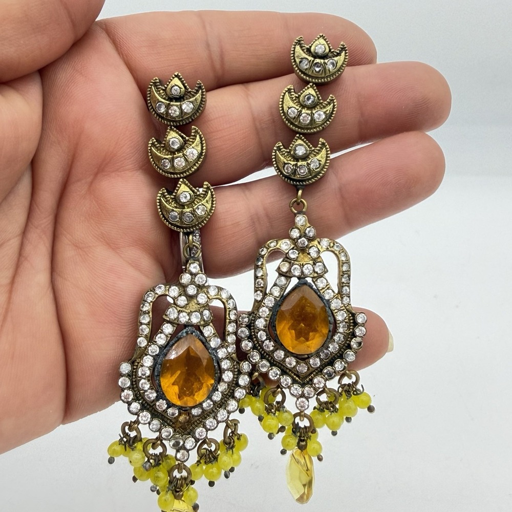 Vtg Kundan India Wedding Earrings Yellow Crystal Bollywood Heavy Estate